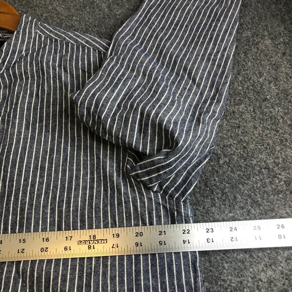 Banana Republic Shirt Mens Large Blue Button Linen Blend Stripe Band Collar - Picture 5 of 9